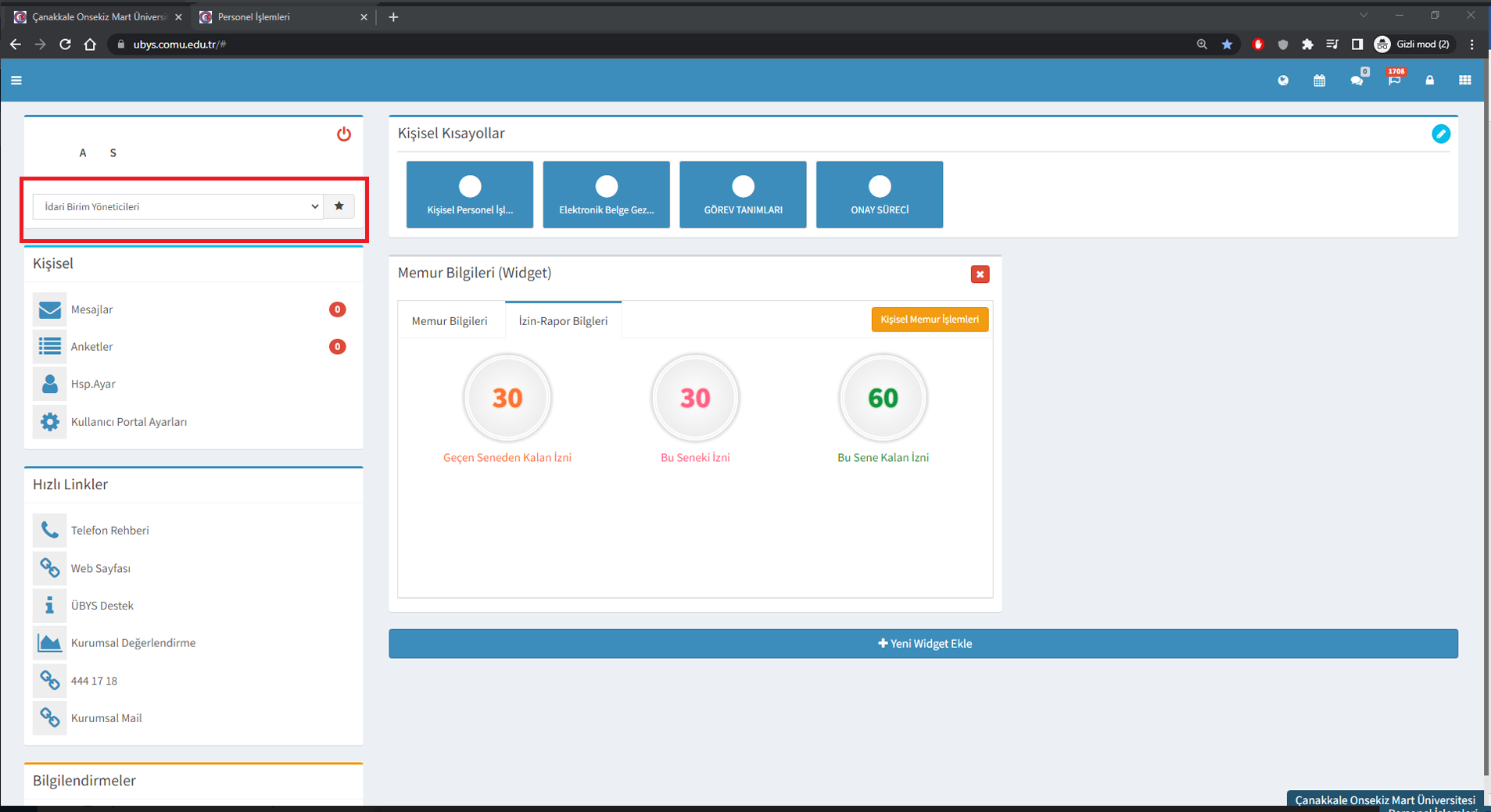 Bilgi Bankası İdari Birim Olarak Personel Pozisyonu